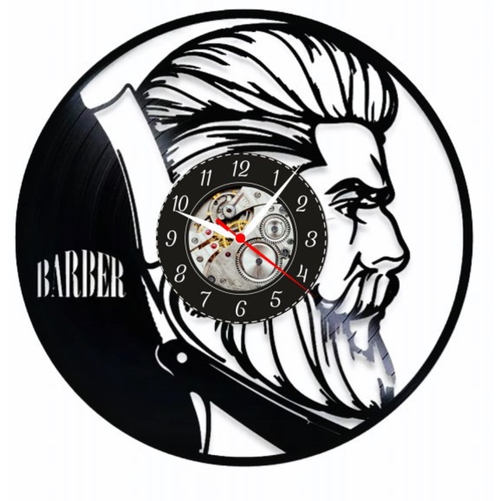 Dekoratív falióra "Barber Master - Grooming Style", bakelit lemezből (Vinyl Record), fodrászat & borbélyüzlet dizájn, fekete, 30 cm