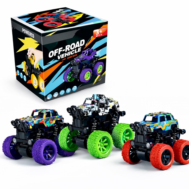 Set 3 Masinute De Jucarie Off Road Cu Inertie 4x4 Pentru Copii 3+ Ani 8.5 Cm, Fara Baterii, Fara Telecomanda, Friction Powered, Suspensii Cu Arc Metalic, Roti Mari Antiderapante, Plastic Rezistent, Ideal Cadou, Set 3 Bucati, COMPANIERO
