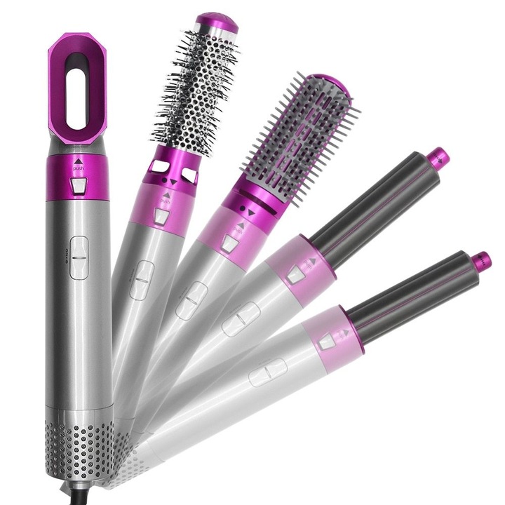 Perie Multifunctionala cu Aer Cald 5 in 1, Uscator si Ondulator Par, Accesorii Interschimbabile, Roz/Argintiu