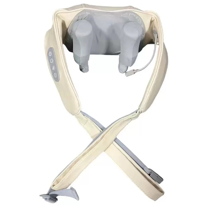 Aparat Masaj Cervical, ORTOSAN®, Aparat Masaj Shiatsu 6D Cu Incalzire, Aparat Masaj Electric Portabil Fara Fir, Dispozitiv Masaj Spate Si Umeri Cu 2 Moduri Si 2 Intensitati, Aparat Masaj Cu Role Bidirectionale, Temporizator Automat, Piele PU, Bej