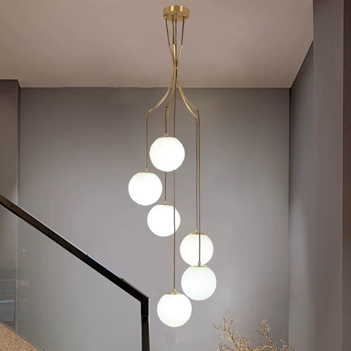 Lustra Pendul Luminastar, 6 Globuri Sticla Alba, Auriu, Inaltime Reglabila 1.8m