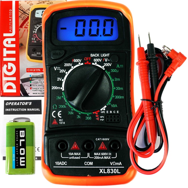 Multimetru digital XL830L, voltmetru si ampermetru, afisaj LCD retroiluminat + cabluri