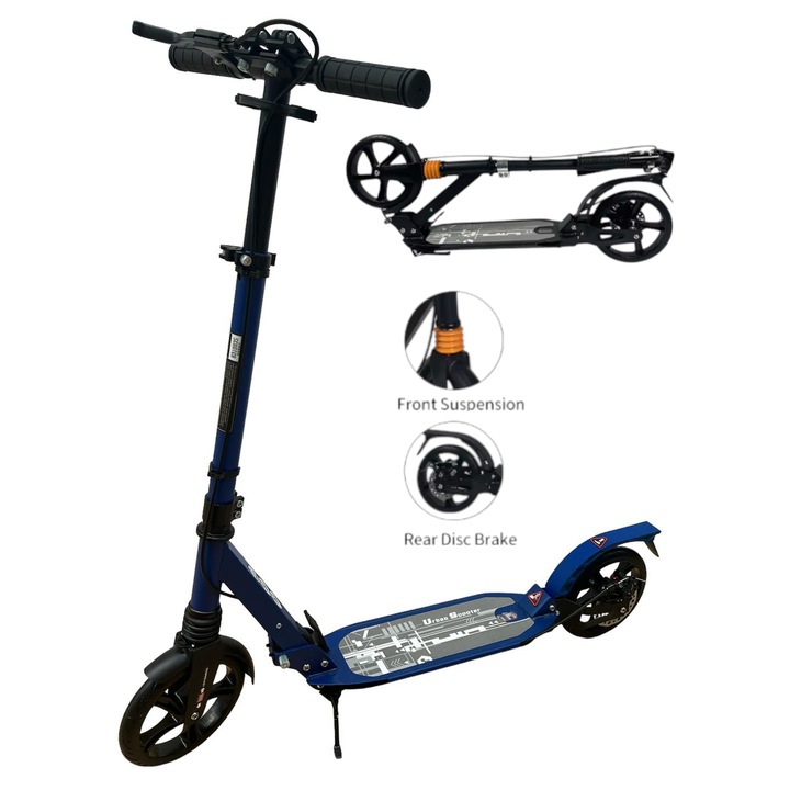 Összecsukható roller felnőtteknek és gyerekeknek hátsó tárcsafékkel, összecsukható, dupla felfüggesztés, állítható magasságú és összecsukható kormány, kitámasztó, kézifék, nagy 200 mm-es kerekek, kék szín