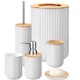 Set Accesorii Baie Premium din Bambus Simply Joy, Set 6 piese, design modern, Cos de Gunoi, Dozator de Sapun Lichid, Pahar Pentru Periuta Dinti, Savoniera, Perie Wc cu Suport, Pahar, Organizator baie complet, Alb