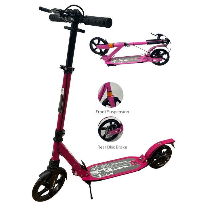 Összecsukható roller felnőtteknek és gyerekeknek, hátsó tárcsafékkel, összecsukható, dupla felfüggesztéssel, állítható magasságú és összecsukható kormánnyal, kitámasztóval, kézifékkel, nagy 200 mm-es kerekekkel, rózsaszín
