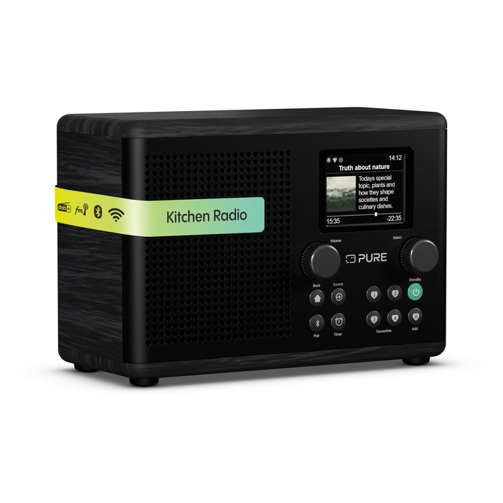 Pure Classic H4i, Radio prin internet cu WLAN, DAB+ si FM, Bluetooth 5.3, USB, Difuzoare de 10 W, Afisaj color de 2 "4", 150 de spatii de stocare, Temporizator pentru somn si bucatarie, Intrare AUX, Negru