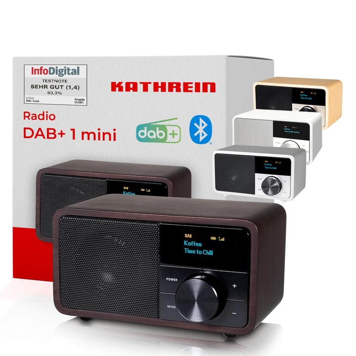 Kathrein DAB+ 1 Mini I Radio DAB Plus cu baterie I Radio digital DAB+ & FM cu Bluetooth, Aux 3, 5 mm I Radio de bucatarie, radio de baie I Radio portabil ca difuzor pentru streaming I Design retro lemn inchis la culoare