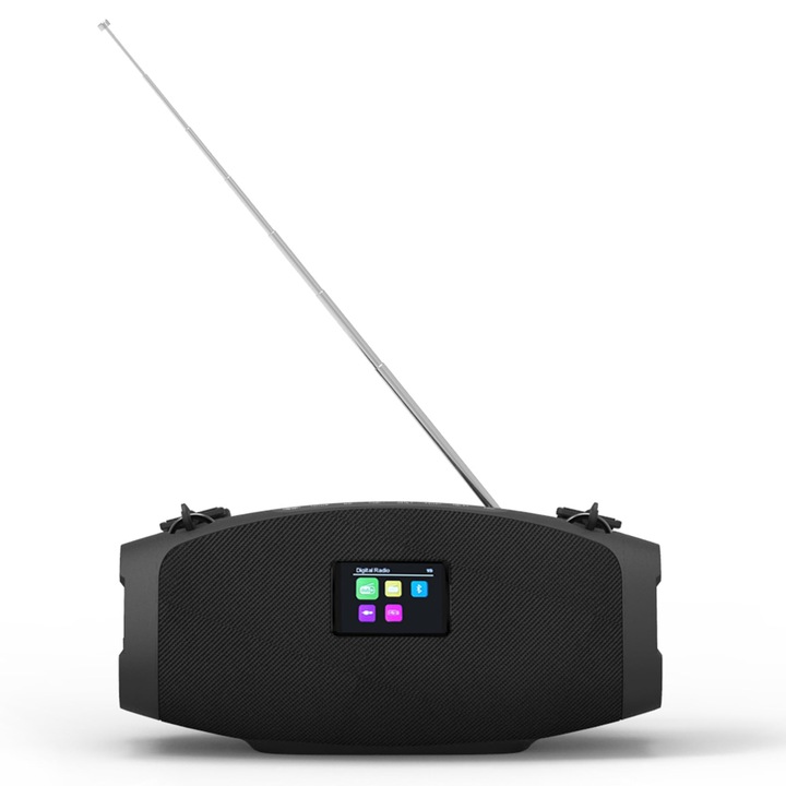 Radio exterior XORO DAB 800, receptie DAB+ si FM, player media USB, IP44 rezistent la praf si apa, afisaj color de 2, 4 inchi, baterie pana la 12 ore, difuzoare stereo DSP 2×10 W, curea de umar