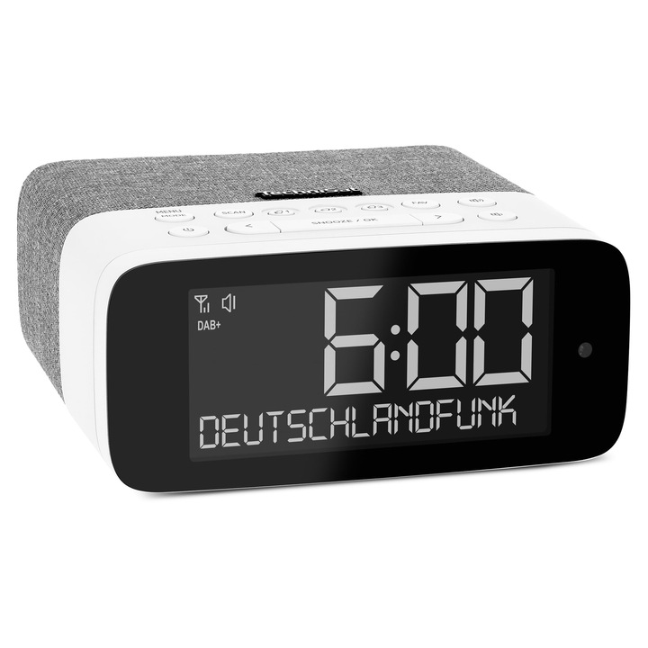 TechniSat DIGITRADIO 52 ASA, Ceas radio cu alarma DAB+ cu alerta automata de siguranta (ASA, FM, ceas cu alarma, patru temporizatoare de alarma, afisaj LC reglabil cu senzor de lumina, streaming audio Bluetooth, 3 wati) gri/alb