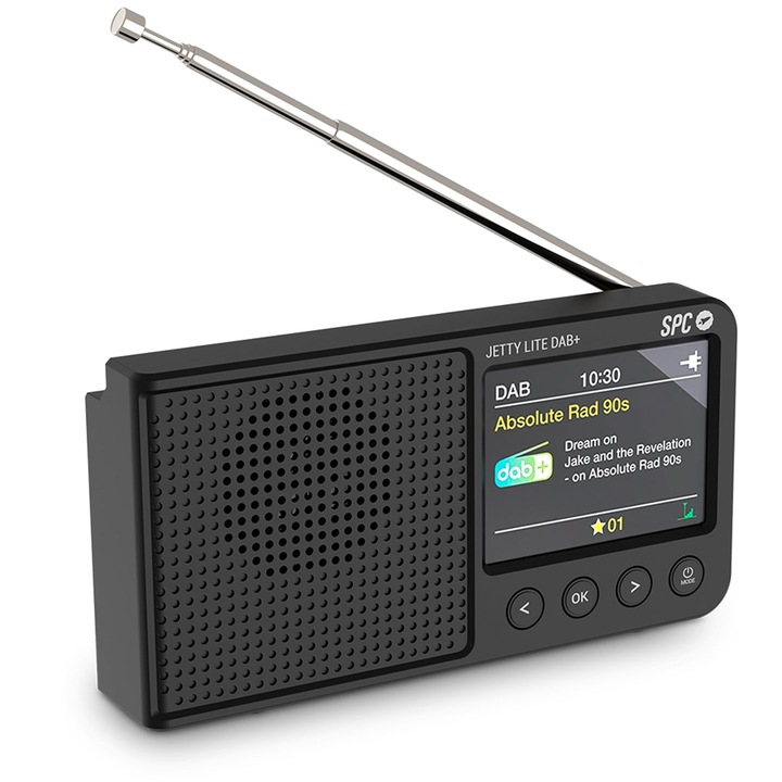 SPC Jetty Lite DAB+, Radio portabil cu DAB+/FM RDS, 80 de spatii de depozitare, Ecran color TFT de 2 "4", Bluetooth si mufa pentru casti, Baterie pana la 7 ore, Ceas cu alarma si amanare, negru