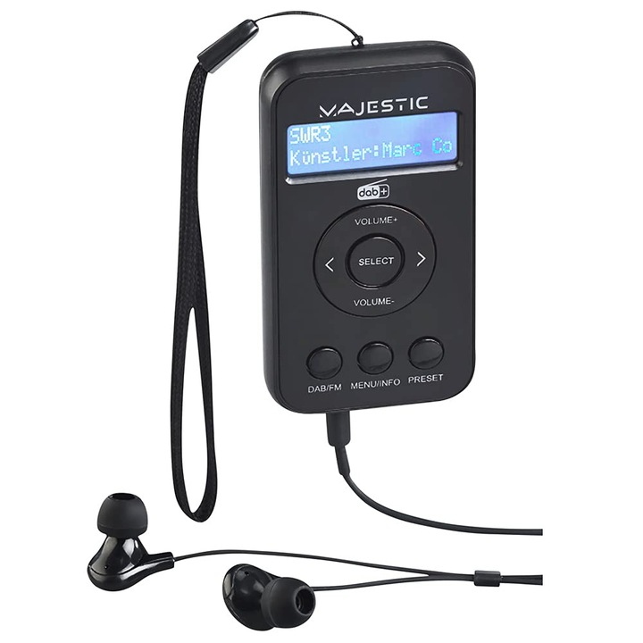 MAJESTIC RT 196 DAB, radio DAB/DAB+/FM portabil cu display LCD, baterie reincarcabila, iesire pentru casti inclusa, curea de transport, negru