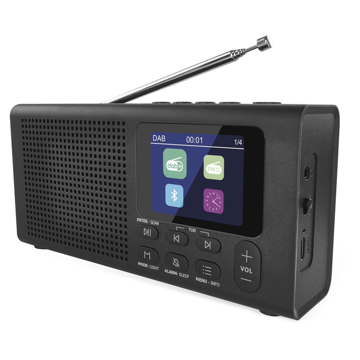 Radio DAB+ portabil Emos E0090 cu Bluetooth, 40 de locatii memorie, afisaj color TFT LCD, negru, dimensiuni 10x5,16x3,23cm