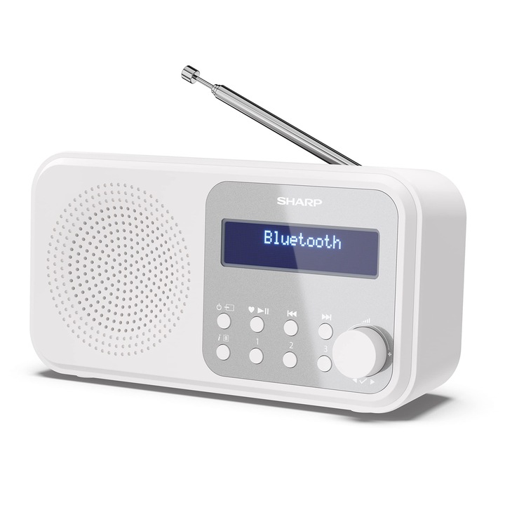 SHARP DR-P420(WH) Портативно цифрово радио Tokyo, Bluetooth 5.0, DAB+/FM, компактно, USB/захранване от батерия, двойна аларма, 40 предварително настроени станции, 3,5 мм жак за слушалки, снежнобяло