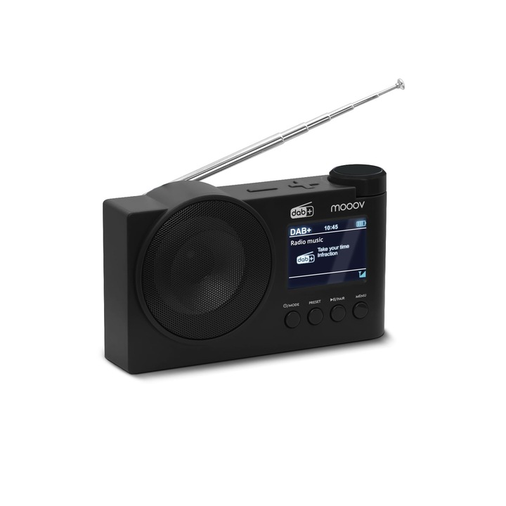 Radio digital portabil Mooov 477254 DAB/DAB Plus/FM, Bluetooth, USB, negru, 7,48x5,87x2,76cm