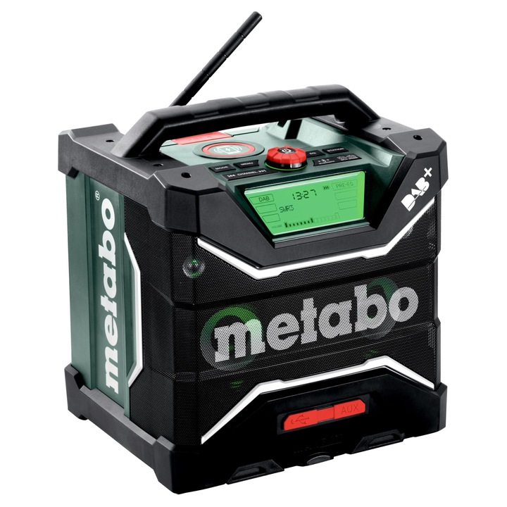 Radio de santier fara fir metabo RC 12-18 32W BT DAB+, 18 V, Bluetooth, AUX, IP54 rezistent la stropire, la praf, la socuri, functie de incarcare pentru baterii si smartphone-uri