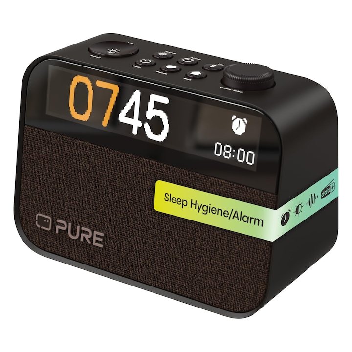 Ceas radio cu alarma Pure Moment pentru dormitor si birou (radio digital DAB+/FM, Bluetooth, sunete de zgomot alb ajuta la somn, lumina de trezire ceas desteptator, lumina de noapte, alarma, afisaj reglabil) cafea maro