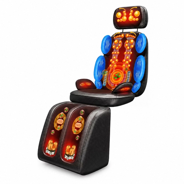 Saltea Masaj Shiatsu, ORTOSAN®, Saltea Masaj Cu Role Si Vibratii 3 Moduri, Saltea Masaj Corporal Cu 2 Viteze Si Dispozitiv Masaj Picioare Detasabil, Saltea Masaj Cu 16 Capete Pentru Gat Si Spate, Oprire Automata 15 Min, Negru