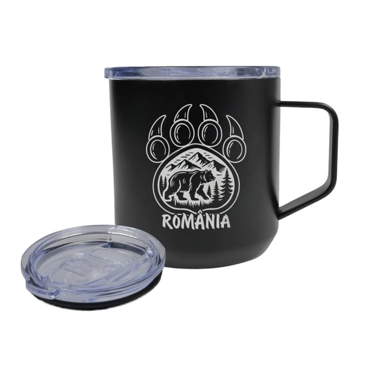 Cana termoizolantă inox personalizată, design gravat Romania, 350 ml, urs brun, pentru drumeții