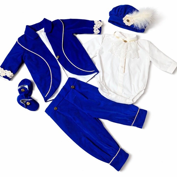 Costum botez baiat, Micul Print, 5 piese, catifea, albastru, 6-9 luni, 74 CM