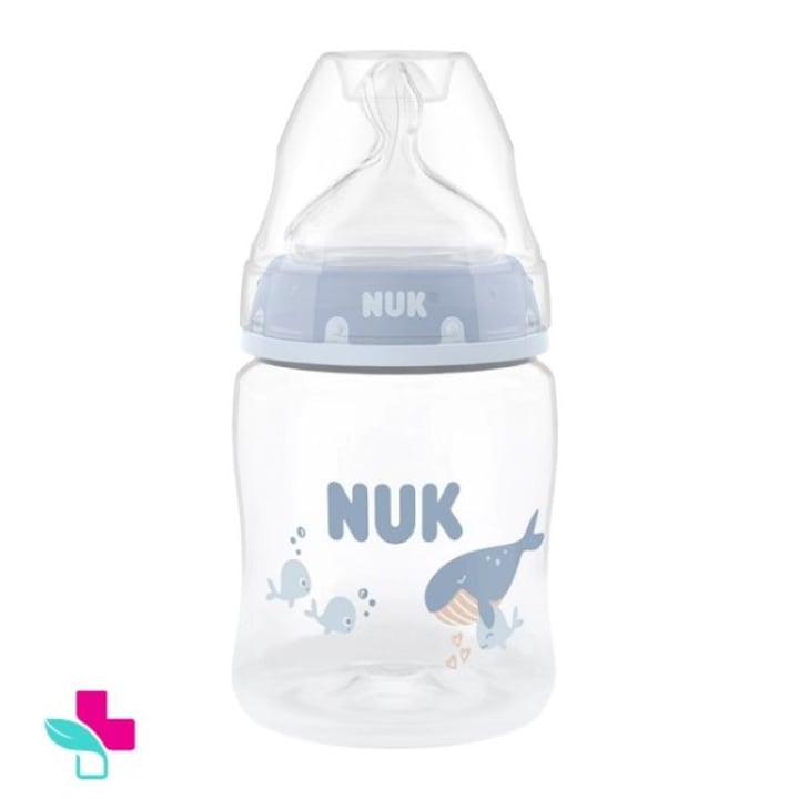 Biberon din plastic Nuk First Choice Whale cu tetina din silicon si temperatura reglabila 0m+ 150ml