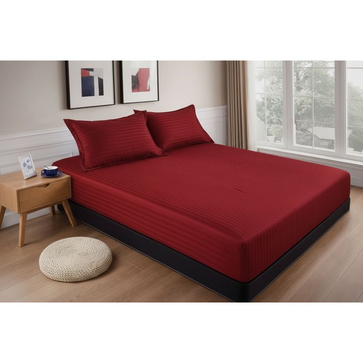 Husa de pat cu Elastic + 2 fete de perna, 180x200 cm, bumbac damasc, culoare visiniu