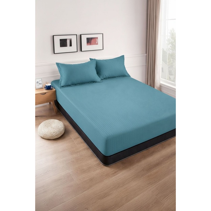 Husa de pat cu Elastic + 2 fete de perna, 180x200 cm, bumbac damasc, culoarea albastru petrol