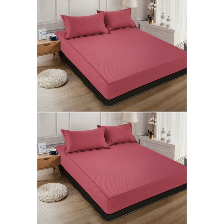 Husa de pat cu 2 fete perna, bumbac dungi satinate, culoare roz prafuit, 180x200