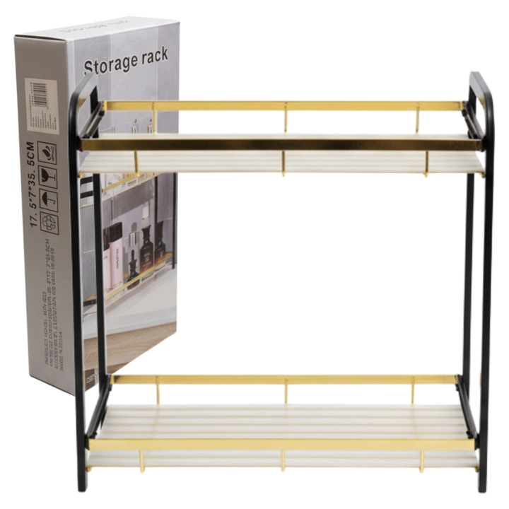 Organizator baie MASTPAD, raft metalic de depozitare cu 2 niveluri, design modern, negru/auriu