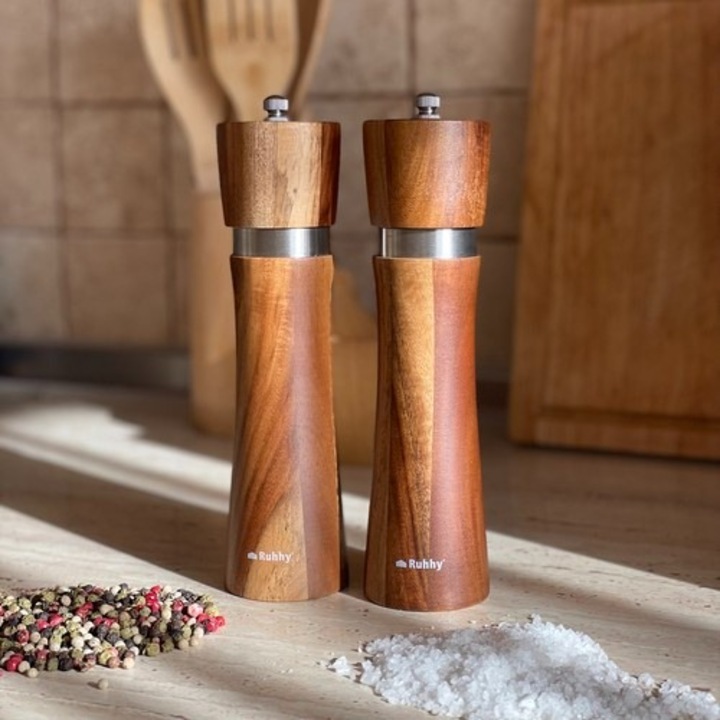 Rasnita Manuala Pentru Sare Si Piper, Reglabila, Capacitate 60 ml, Set 2 Bucati, Din Lemn, Dimensiune 21x5, 5 cm