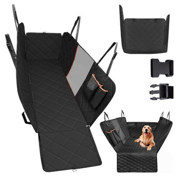 Husa de protectie impermeabila pentru bancheta auto, pentru transport animale de companie, cu plasa de siguranta, buzunare si laterale cu fermoar, negru, 140 x 209 cm