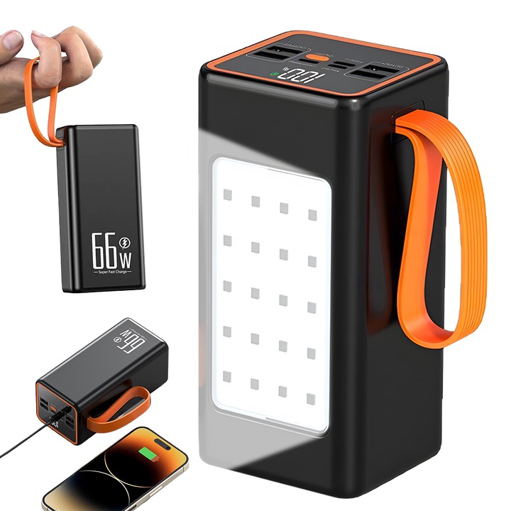 Външна батерия 50000mAh, Power Bank Ydene®, Бързо зареждане 66W, PD 22W, с USB C и Lightning портове, Къмпинг фенер, Черен - за телефон, лаптоп, на открито