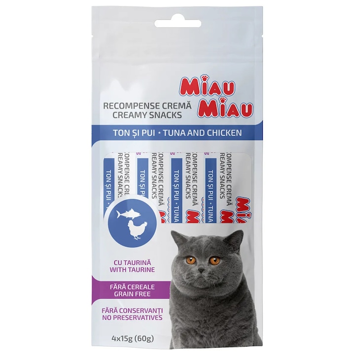 Recompense lichide pentru pisici Miau Miau Creamy snack cu ton si pui 4 bucx15 g
