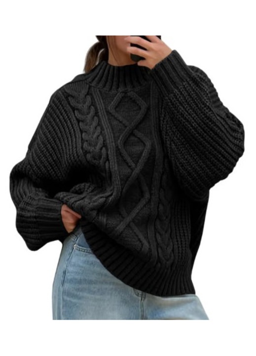 Pulover Oversized Dama din Tricot Gros – Guler Inalt, Croiala Lejera, Calduros si Elegant pentru Toamna & Iarna, Negru, Marimea M