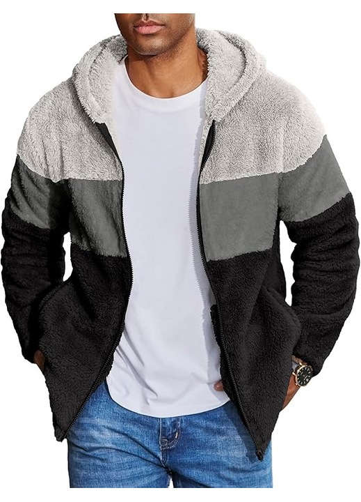 Hanorac Teddy din Fleece cu Gluga pentru Barbati – Calduros, Confortabil, cu Fermoar si Buzunare, Ideal pentru Toamna & Iarna, Negru-Gri, Marimea M