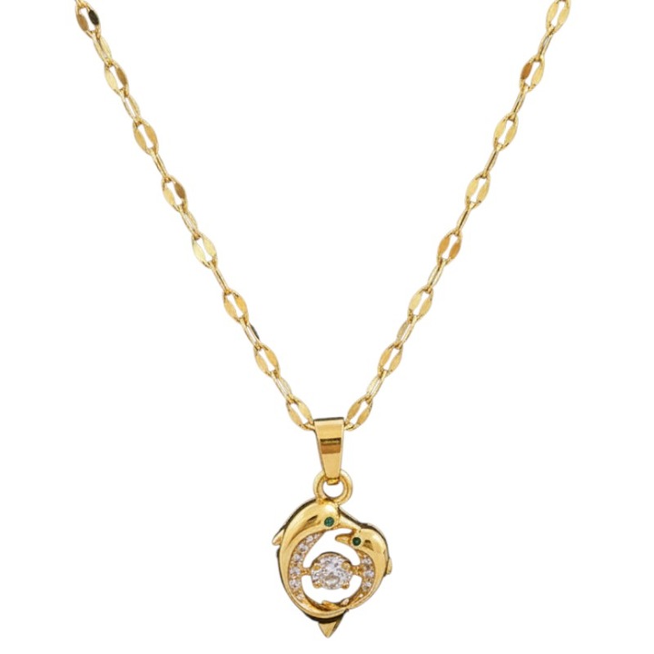 Lantisor aurit cu pandantiv delfin mama si copil, bijuterie din otel titan, 40+5 cm, set