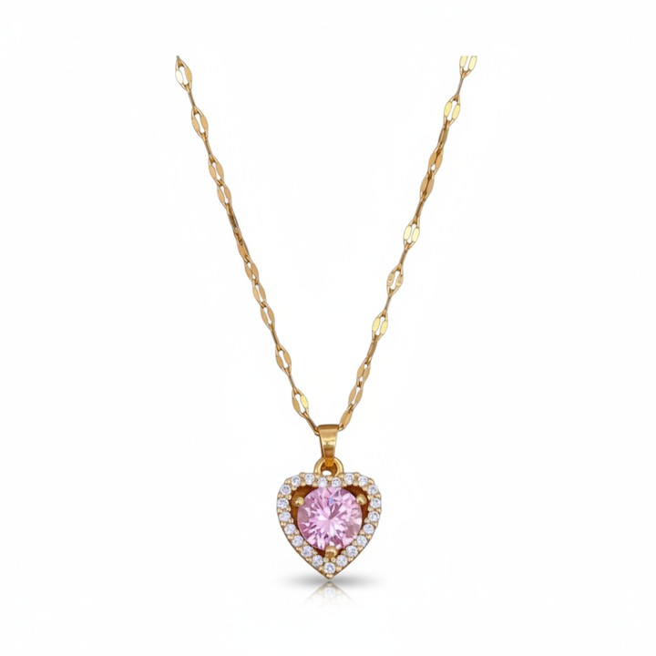 Colier elegant din inox auriu cu pandantiv in forma de inima roz, 40cm + 5cm ajustare