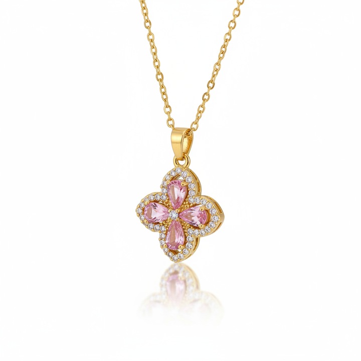 Colier elegant cu pandantiv trifoi, cristale roz, 40x5cm, inox