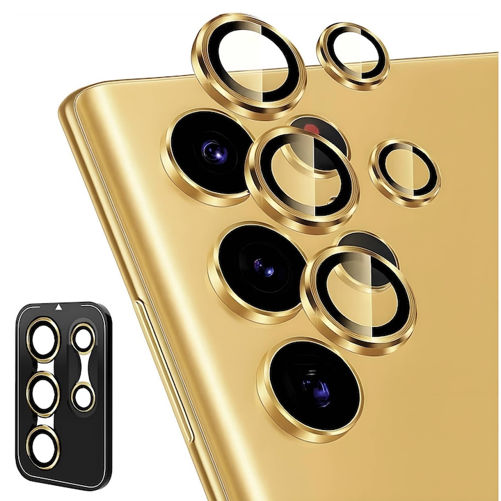 Протектор за камера за Samsung Galaxy S22 Ultra, Закалено стъкло, Твърдост 9H, Комплект за инсталиране, Ултра тънък, 5 броя, Алуминий, Златист