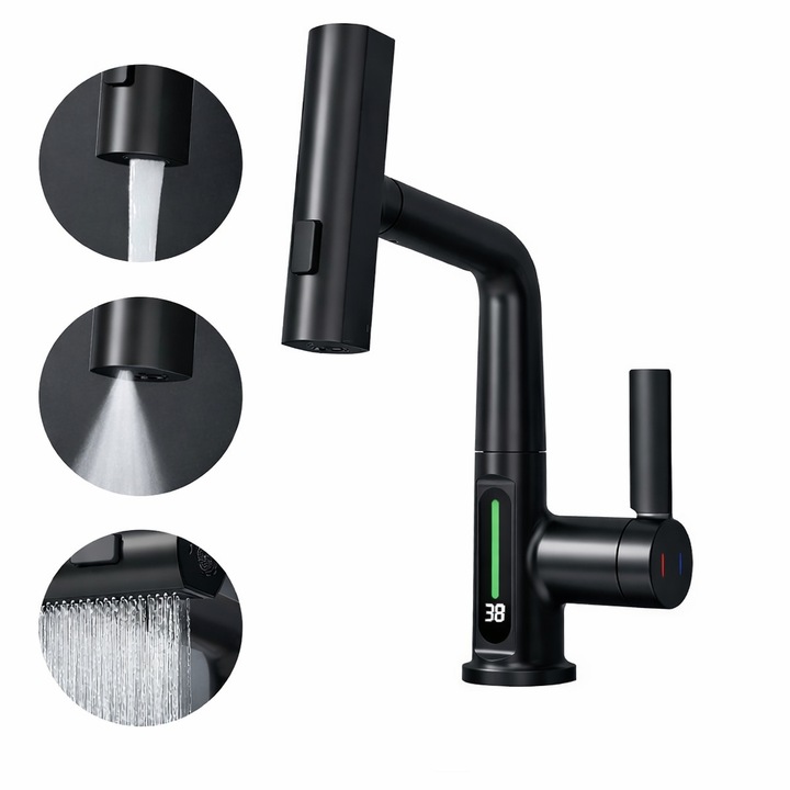 Смесител за мивка NEXTLY, за кухня и баня, разтегателна и прибираща се глава, 3 режима на струята - аерирана/под налягане/тип водопад, LED дисплей с осветление за температура, въртене на 360°, регулируем на височина, матово черен