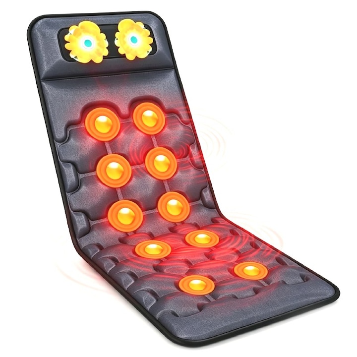 Saltea Masaj Incalzire, ORTOSAN®, Saltea Masaj Cu 10 Motoare Vibratoare Si 9 Viteze, Saltea Masaj Shiatsu Cu 3 Niveluri Incalzire, Saltea Masaj Corporal Pliabila Pentru Gat, Spate, Lombar Si Picioare, Telecomanda Inclusa, Negru