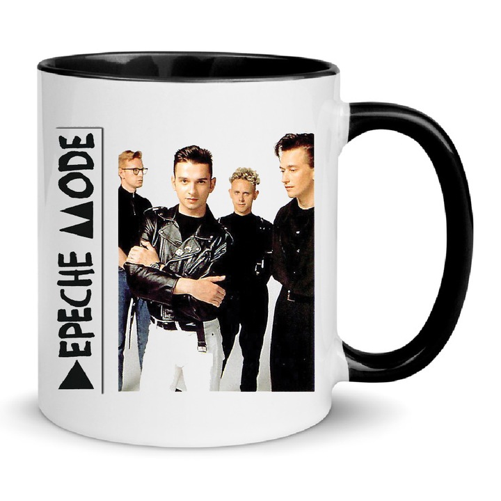 Cana Depeche Mode, ceramica, 330ml, alb cu negru, ergonomic, lavabila la masina de spalat.