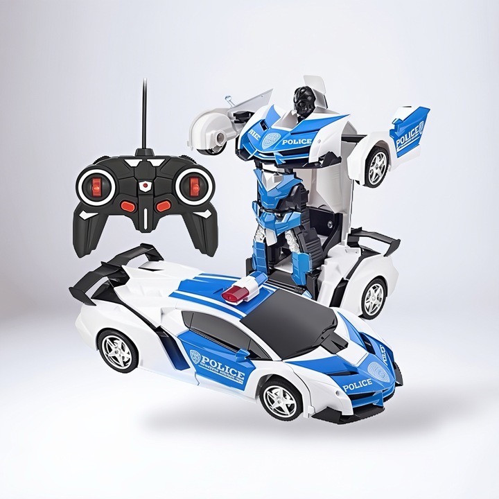 Masina de politie transformabila cu telecomanda, alb cu albastru, 24x10x6cm, set jucarie robot pentru copii 3 ani+