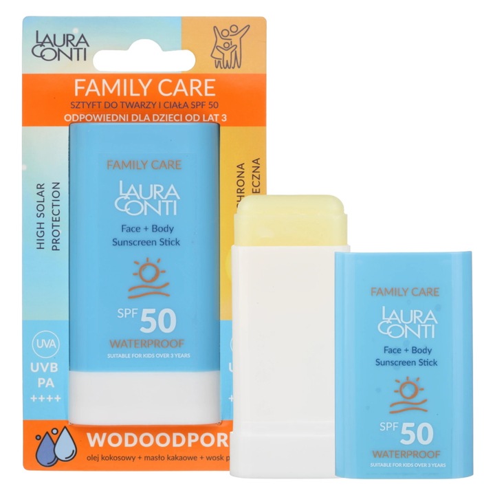 Слънцезащитен крем стик, Laura Conti, SPF 50, За лице и тяло, За възрастни и деца 3+, Водоустойчив, Висока защита UVA/UVB, 20 g