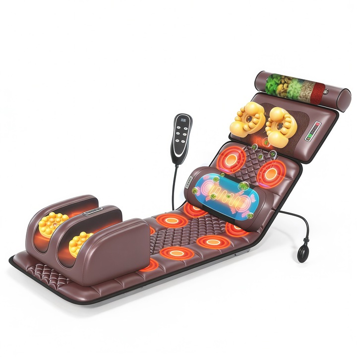 Saltea Masaj Incalzire, ORTOSAN®, Saltea Masaj Shiatsu Cu Role Si Vibratii 10 Motoare, Saltea Masaj Corporal Cu Telecomanda Si 3 Trepte Caldura, Saltea Masaj Pentru Gat, Spate, Lombar Si Picioare, Temporizator 10/20/30 Min, Maro