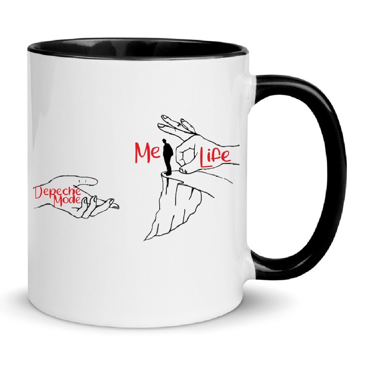 Cana Depeche Mode, ceramica, 330ml, alb cu negru, ergonomic, lavabila la masina de spalat
