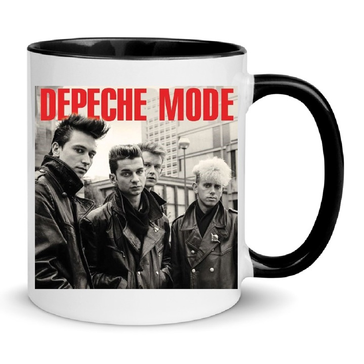 Cana Depeche Mode, ceramica, 330ml, alb cu negru, ergonomic, lavabila la masina de spalat