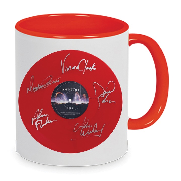 Cana Depeche Mode, ceramica, 330ml, alb cu rosu, ergonomic, lavabila la masina de spalat