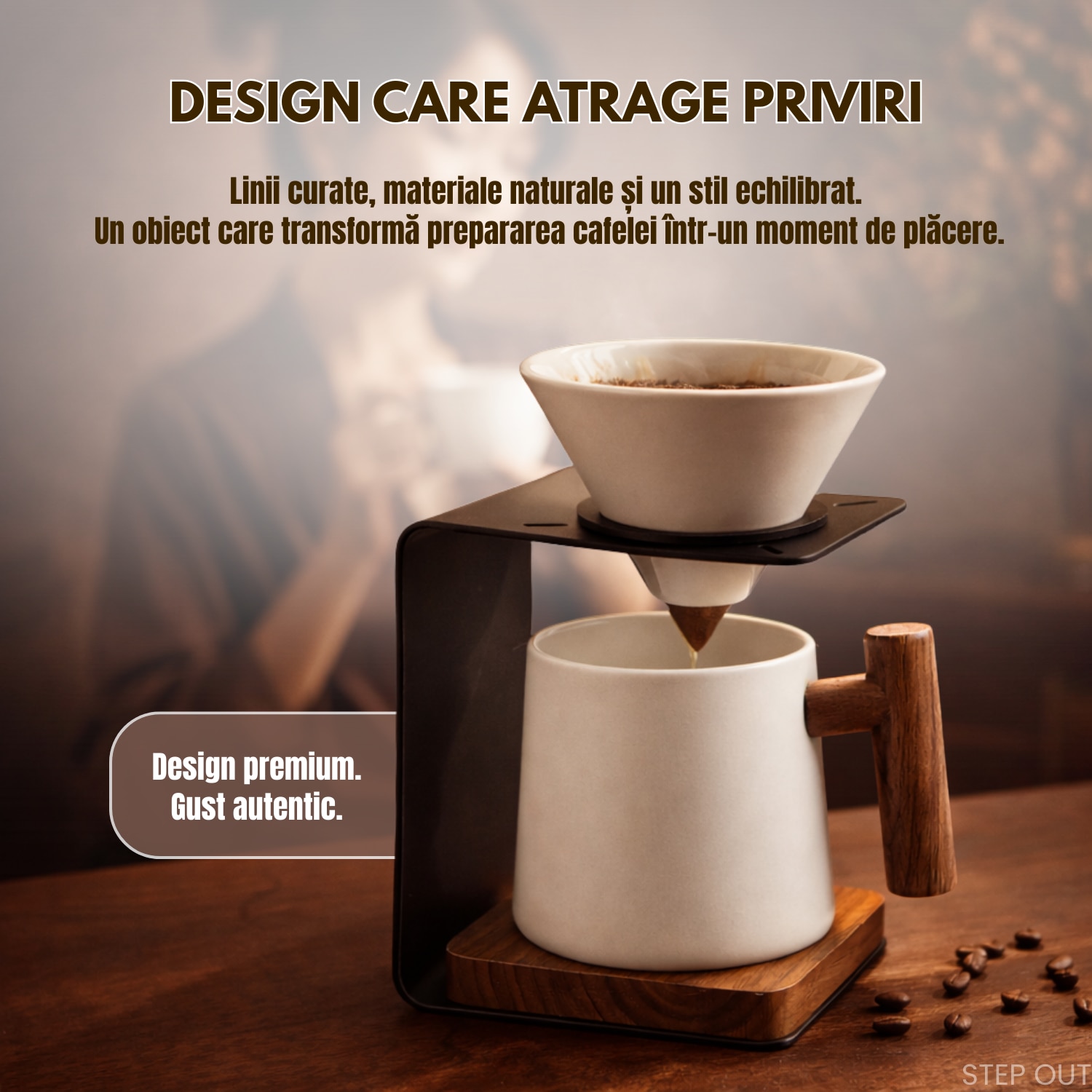 Set premium pentru prepararea cafelei manuale STEP OUT®, Filtru ceramic reutilizabil, Cana de cafea, Suport metalic stabil cu elemente din lemn natural, Design industrial-modern+10 filtre incluse