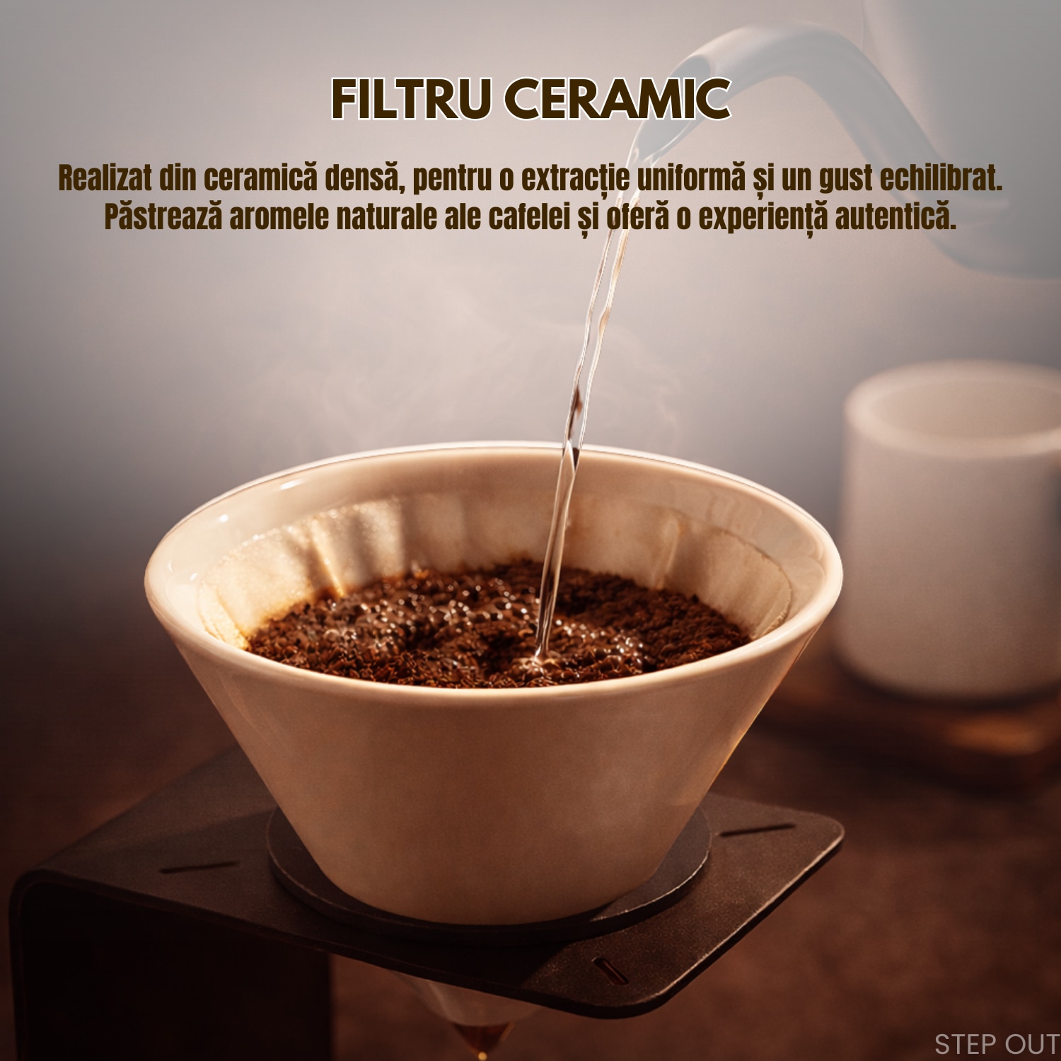 Set premium pentru prepararea cafelei manuale STEP OUT®, Filtru ceramic reutilizabil, Cana de cafea, Suport metalic stabil cu elemente din lemn natural, Design industrial-modern+10 filtre incluse