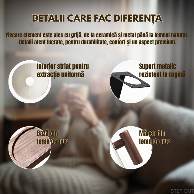 Set premium pentru prepararea cafelei manuale STEP OUT®, Filtru ceramic reutilizabil, Cana de cafea, Suport metalic stabil cu elemente din lemn natural, Design industrial-modern+10 filtre incluse